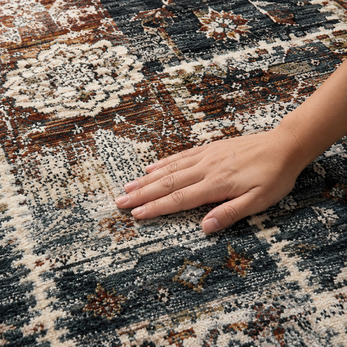 Tapete All Decor Mahali Patchwork M. Blue Cream Turco Azul Acinzentado Creme e Ferrugem Retangular