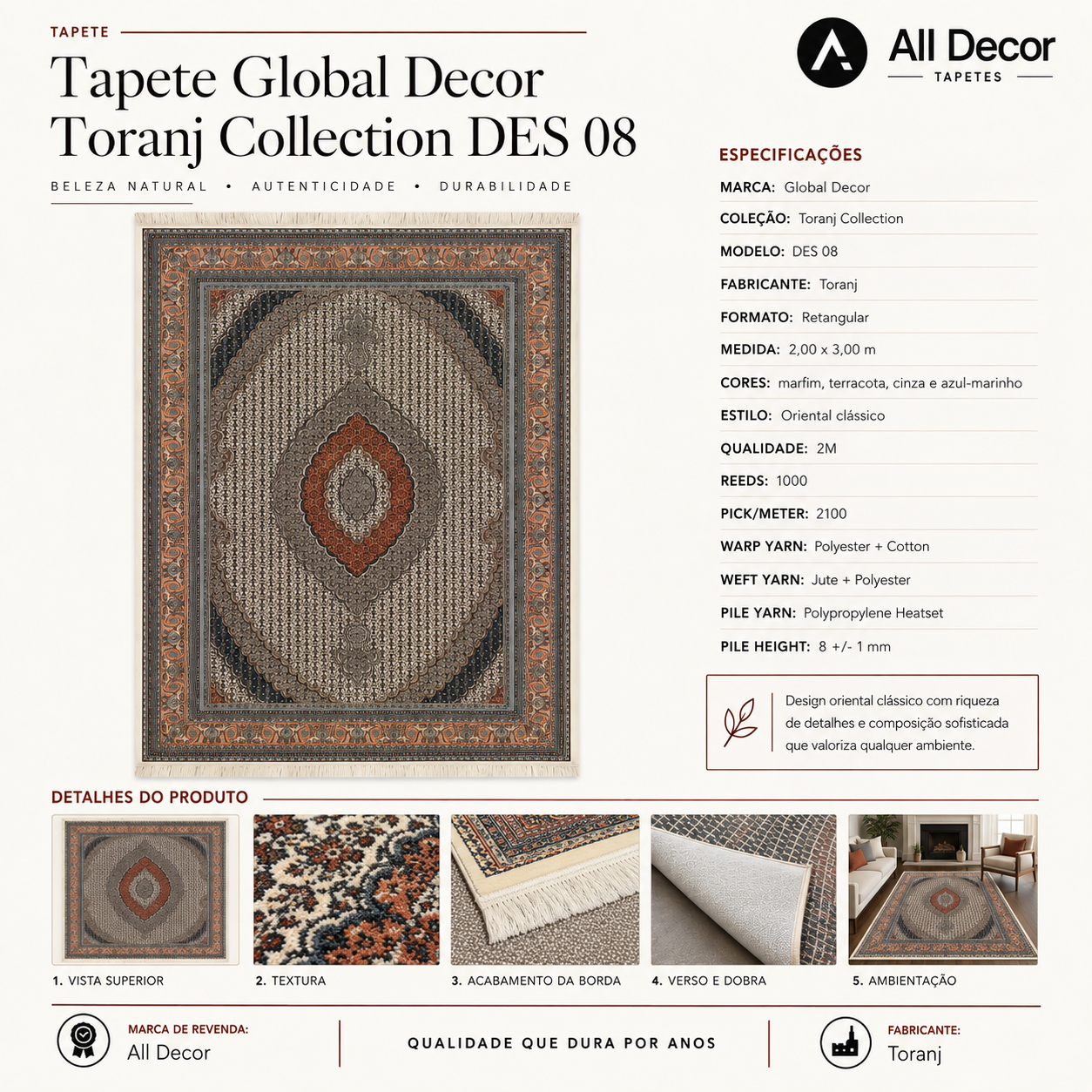 Tapete Global Decor Toranj Collection Iraniano Multicolorido Oriental Retangular 2,00 x 3,00 m