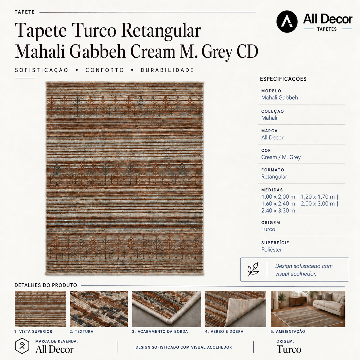 Tapete All Decor Mahali Gabbeh Turco Listrado Cream e Cinza M. Grey Retangular