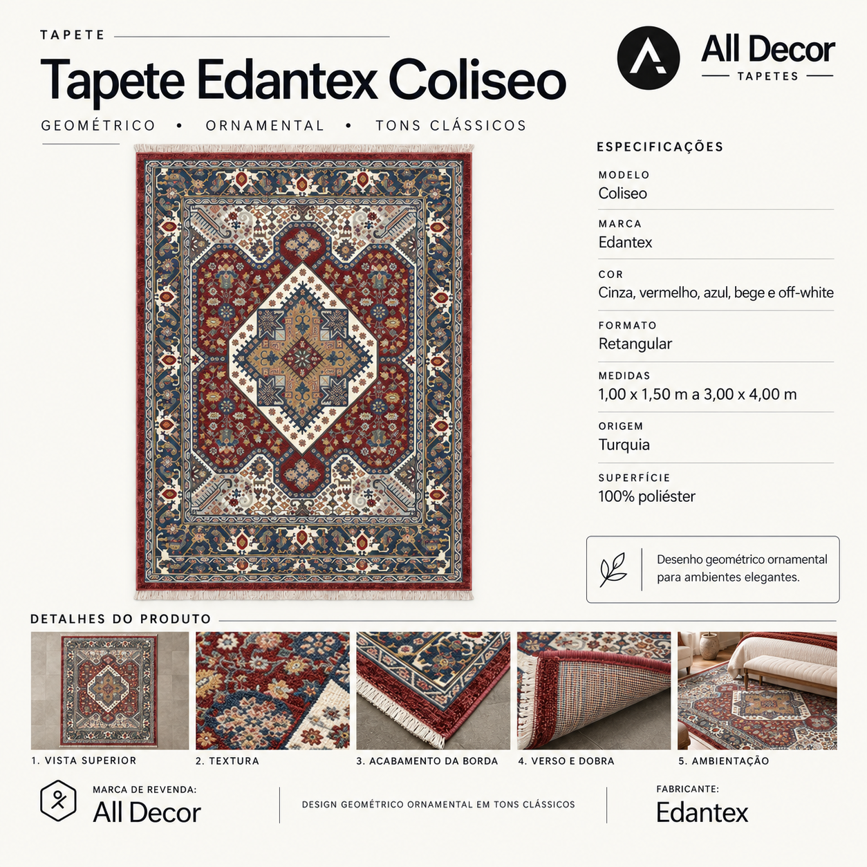 Tapete Edantex Coliseo Turco Geométrico Cinza e Vermelho Retangular